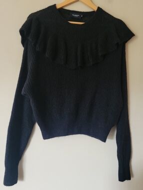Holebrook Sweden Women's Black Knit Ruffle Neck Sweater Mohair Merino Blend Sz M